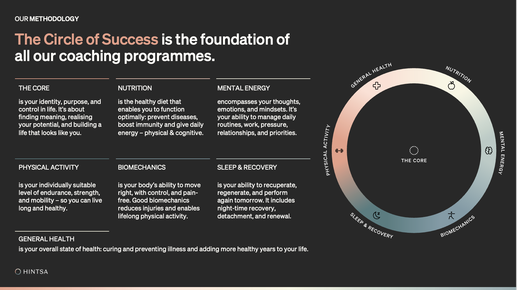 Hintsa Circle of Success: im Zentrum The Core, im Uhrzeigersinn sechs Bereiche von General Health bis Physical Activity